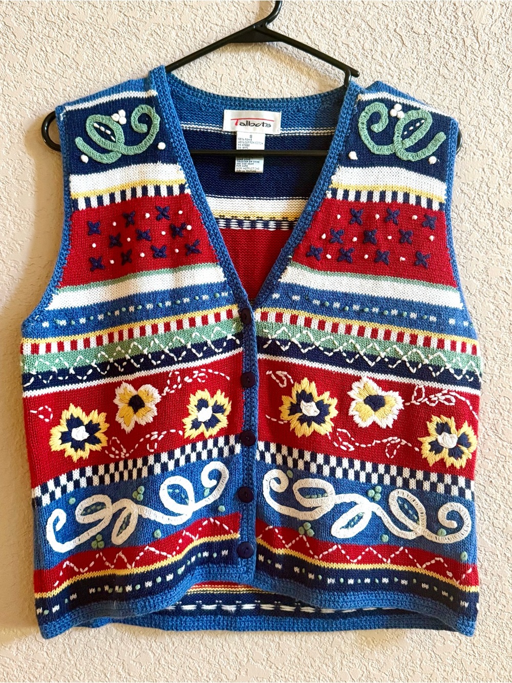 Vintage Talbots Floral Knit Sweater Vest Women's Sz Small Red Embroidered Twee